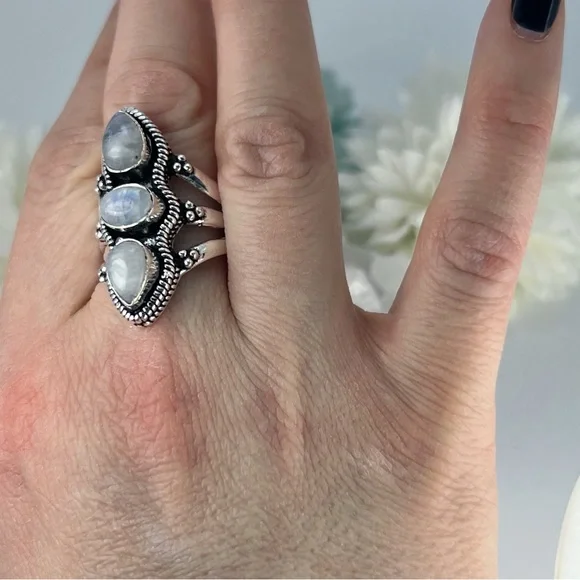 Chunky Triple Rainbow Moonstone Ring Size 10 Sterling Silver 925 Handmade New - Picture 2 of 6